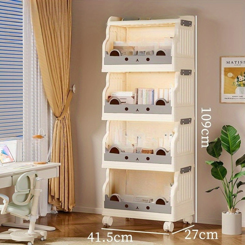 Freestanding Modular Storage Cabinet with Wheels & Foldable Design - White & Gray Plastic Organizer for Books, Magazines, Decor - Space-Saving Multi-Purpose Home & Office Furniture, Bookshelf Furniture, Decorative Shelving, Easy Assembly Storage