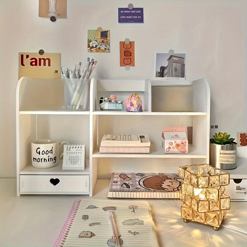 Expandable Desktop Bookshelf with Drawers - Adjustable Plastic Storage Organizer for Office Supplies, Makeup, School Essentials - Multi-Functional Desk Rack with Easy Access Drawers - Ideal for Home and Office Use