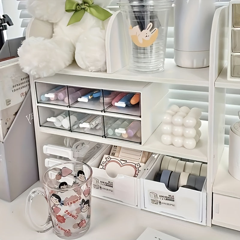 Expandable Desktop Bookshelf with Drawers - Adjustable Plastic Storage Organizer for Office Supplies, Makeup, School Essentials - Multi-Functional Desk Rack with Easy Access Drawers - Ideal for Home and Office Use