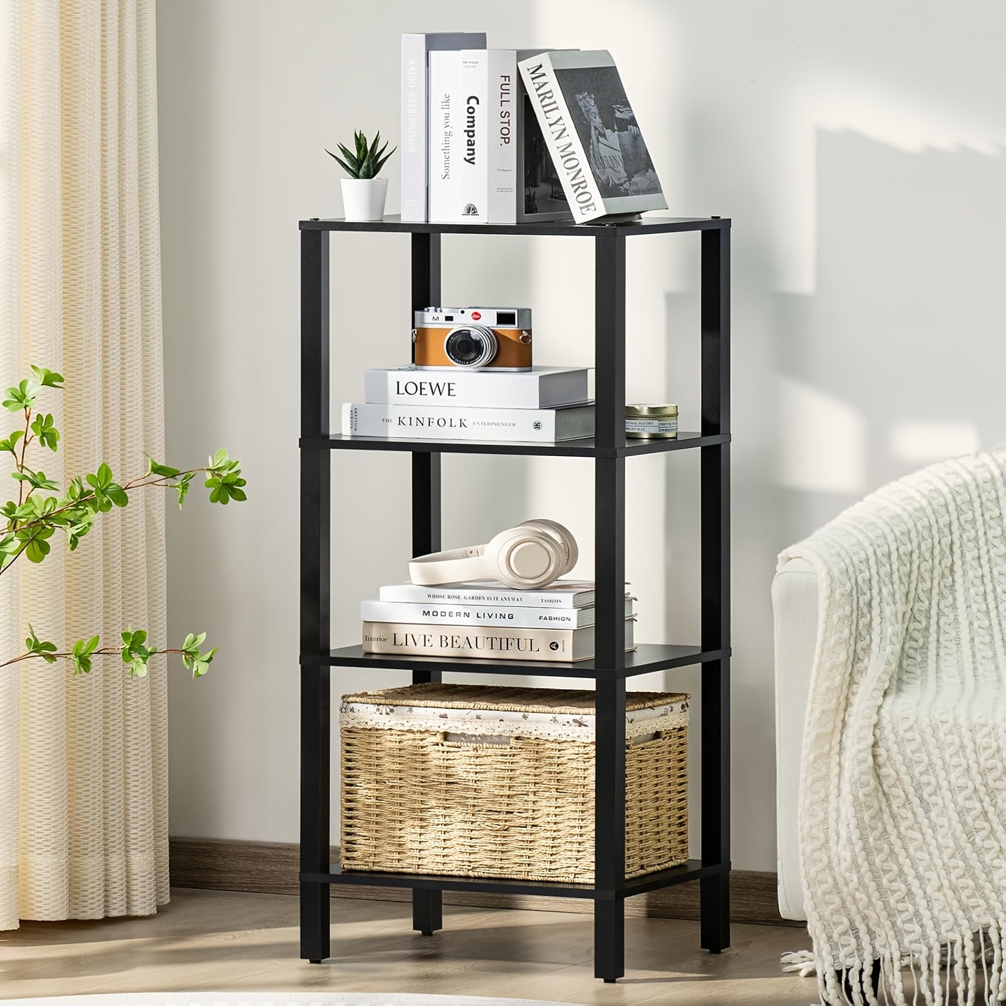 4 Tier Tall Wooden Bookshelf With Storage - Small Bookcase For Small Spaces, Small Shelf For Living Room, Office, Bedroom, Kitchen - Industrial Modern Black Book Shelf