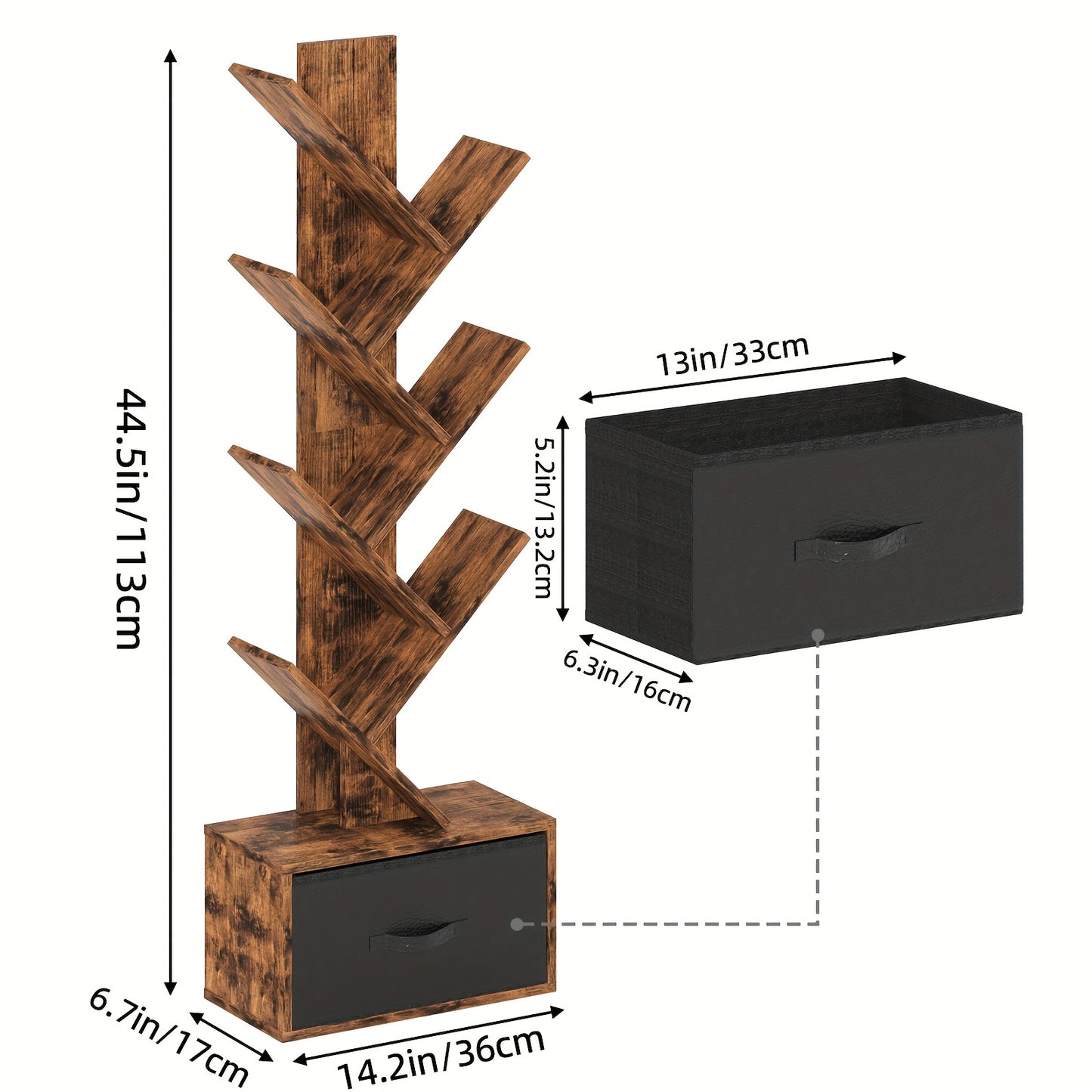 TOMNK 6 Shelf Bookshelf With Drawer, Tree Book Shelf, Bookshelves Storage Rack For CDs\u002FMovies\u002FBooks, Rustic Brown Bookcase, Provides Great Stability And Durability, For Living Room, Bedroom, Home Decor, Easy To Install, Saves Space