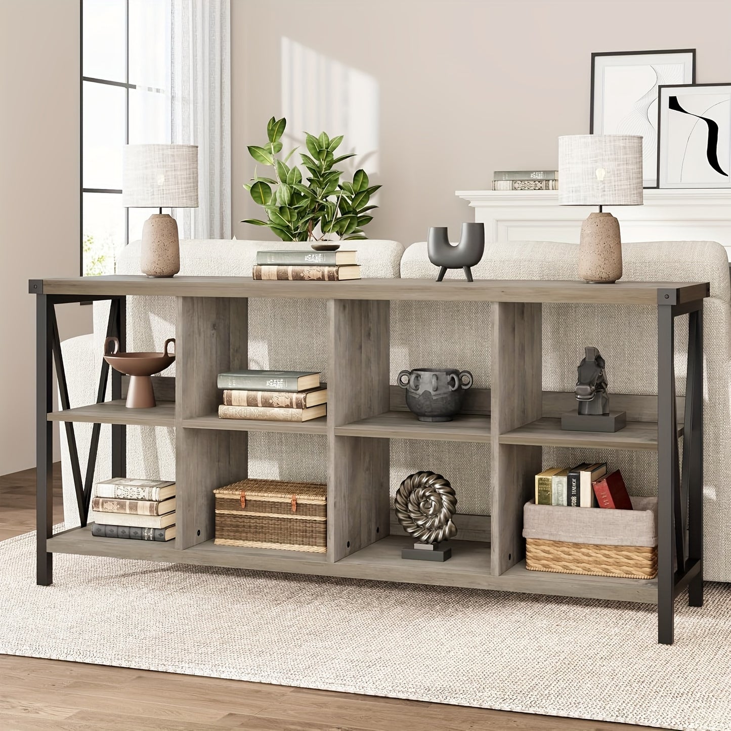 8 Cube Storage Organizer Bookshelf, 3 Tier Metal Horizontal Bookcase, 62 Inch Console Bookshelves, Industrial Storage Bookcase For Entryway, Long Low Bookshelf For Living Room-Retro Gray