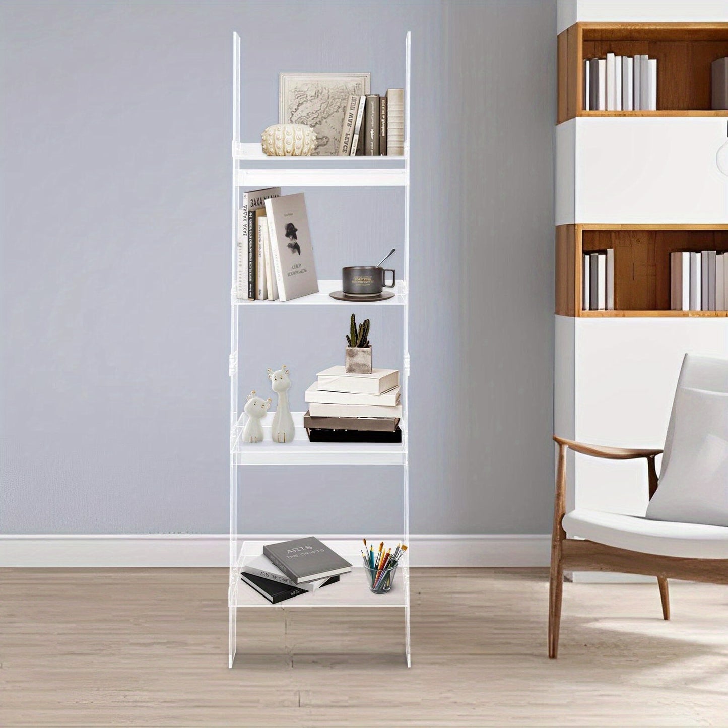4-Tier Acrylic Ladder Bookshelf - Modern Free-Standing Display Shelf with Storage Rack, Space-Saving Organizer for Books, Plants & Decor, Easy Assembly, 27\