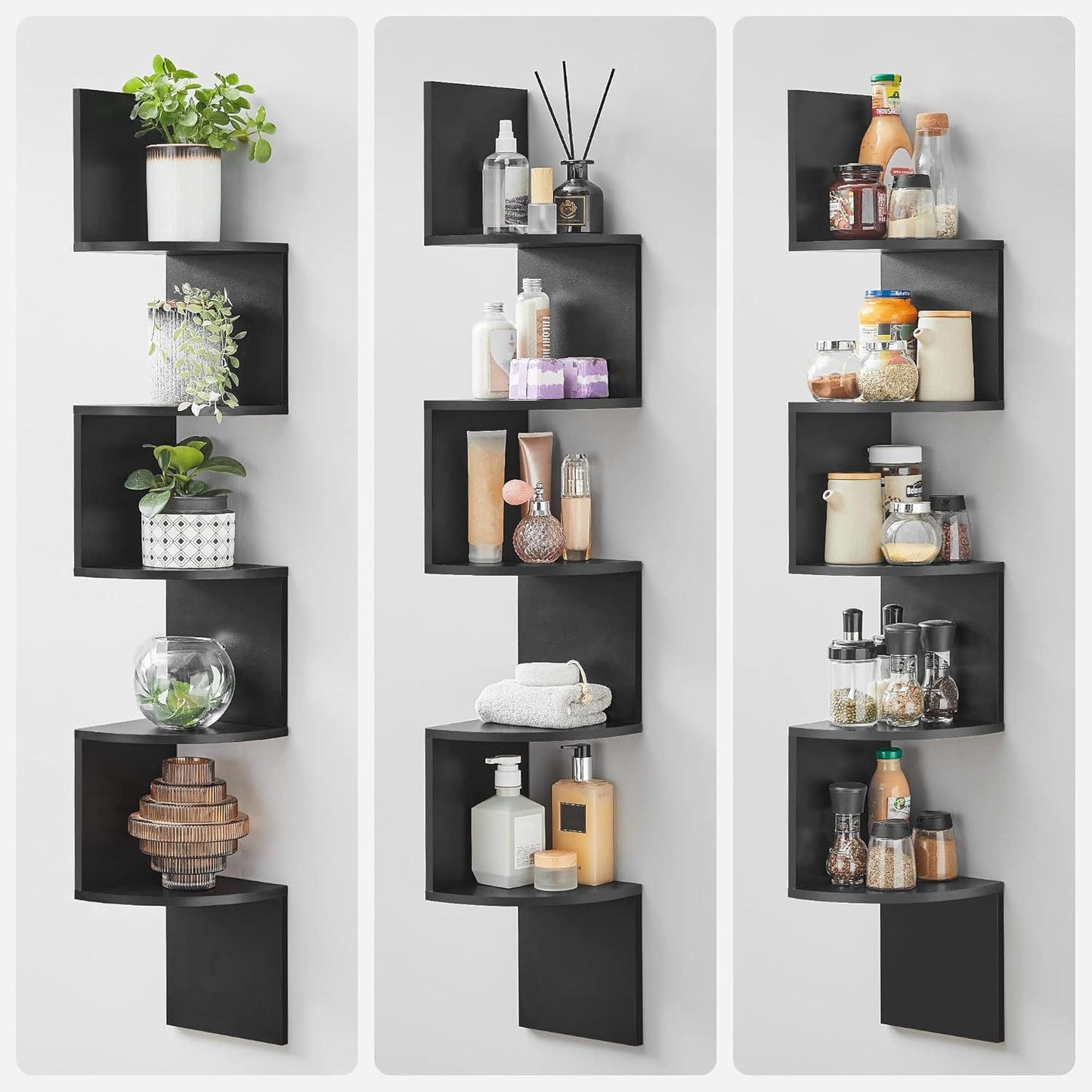 Corner Shelf Wall Mount, 5-Tier Floating Corner Bookshelf, Plant Shelf for Bedroom, Living Room, Bathroom, Home Office, Ink Black, Corner Shelf Stand, Corner Shelf for Living Room