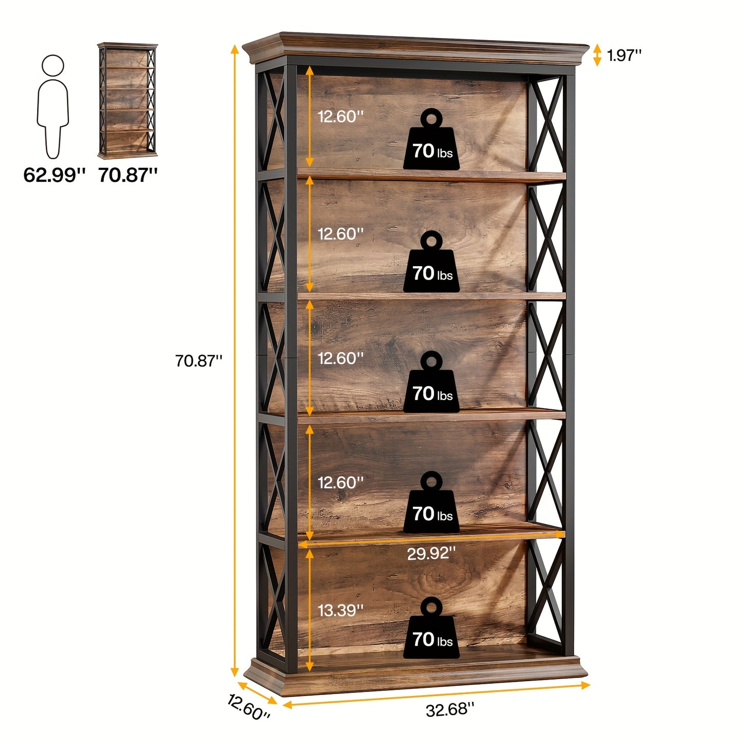 Industrial Bookshelves And Bookcases Floor Standing 6 Shelf Display Storage Shelves 70.87 In Tall Bookcase Home Decor Furniture For Home Office, Living Room, Bed Room