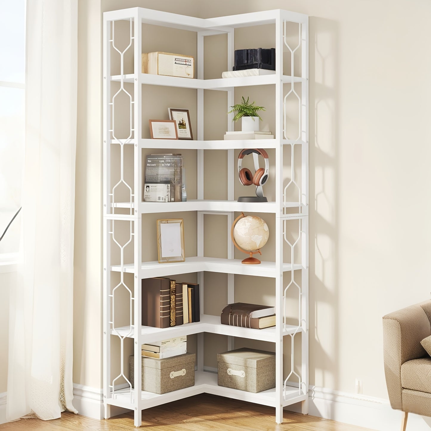 7-Tier Industrial Corner Bookshelf - Black Metal Frame, Space-Saving Design, Easy Assembly, Versatile Storage for Living Room or Office, Durable Particle Board & Metal Construction, Bookshelf Decorations