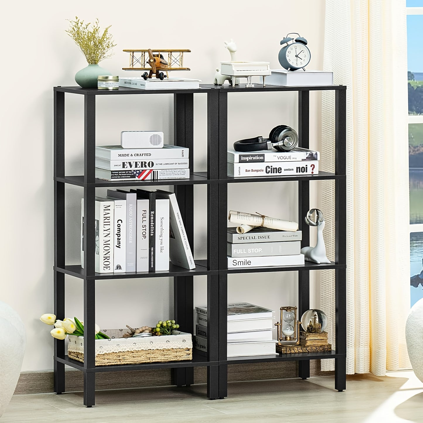 4 Tier Tall Wooden Bookshelf With Storage - Small Bookcase For Small Spaces, Small Shelf For Living Room, Office, Bedroom, Kitchen - Industrial Modern Black Book Shelf