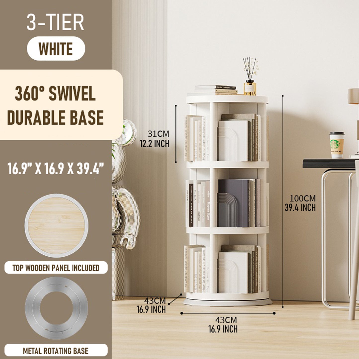 360° Rotating Bookshelf, 2\u002F3\u002F4\u002F5-Tier Space-Saving Book Organizer, 360° Swivel Storage Shelf for Living Room, Bedroom, Office, Durable and Modern Design, Easy to Assemble
