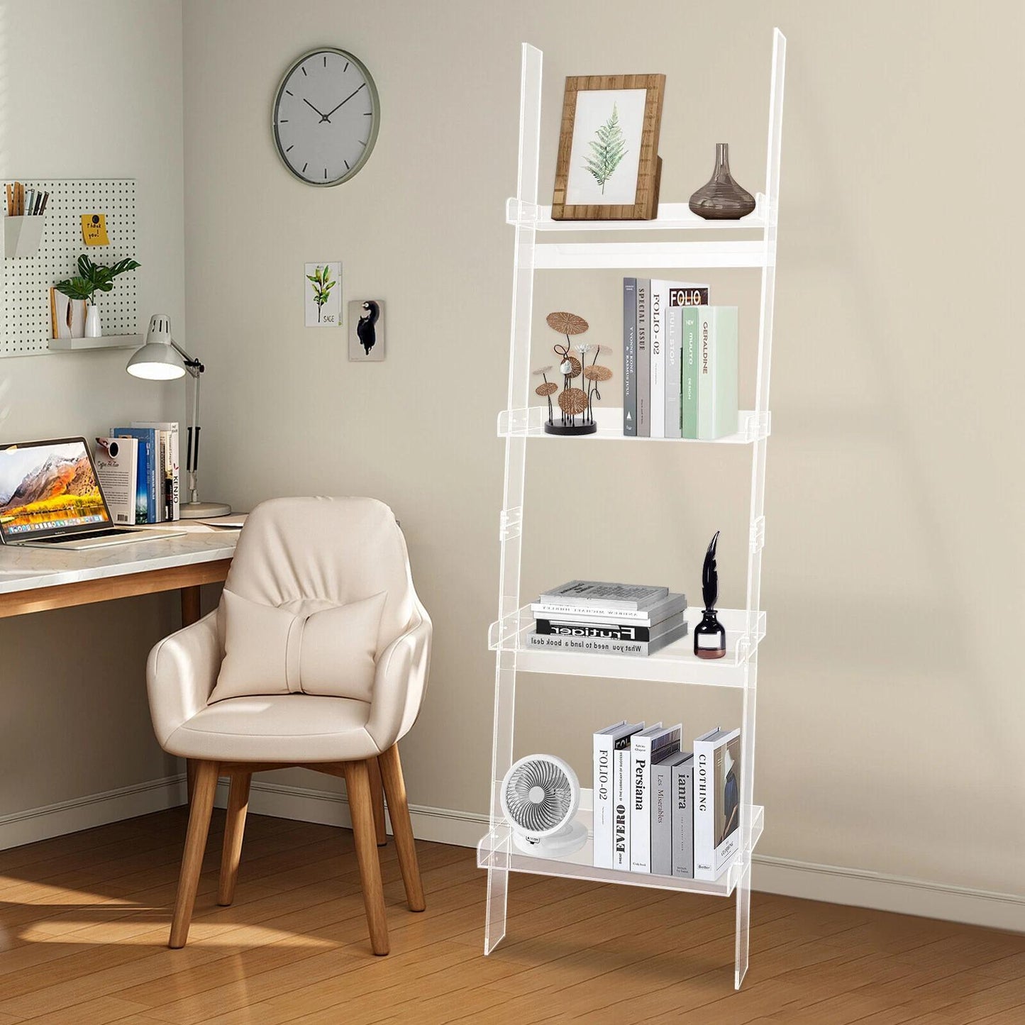 4-Tier Acrylic Ladder Bookshelf - Modern Free-Standing Display Shelf with Storage Rack, Space-Saving Organizer for Books, Plants & Decor, Easy Assembly, 27\