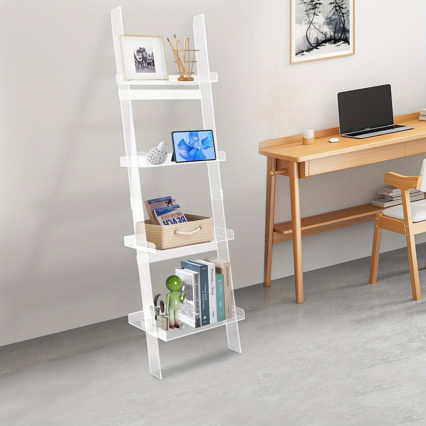 4-Tier Acrylic Ladder Bookshelf - Modern Free-Standing Display Shelf with Storage Rack, Space-Saving Organizer for Books, Plants & Decor, Easy Assembly, 27\