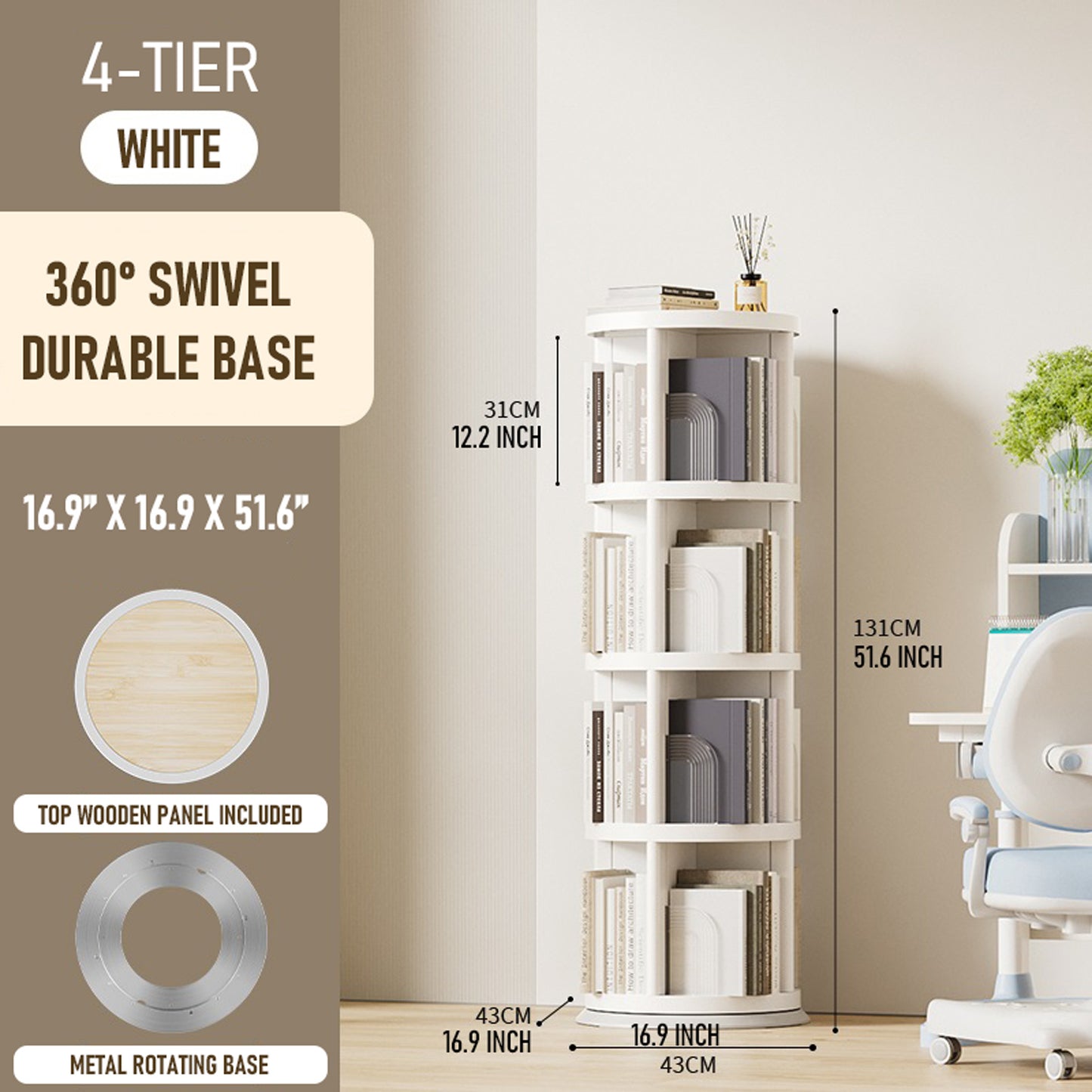 360° Rotating Bookshelf, 2\u002F3\u002F4\u002F5-Tier Space-Saving Book Organizer, 360° Swivel Storage Shelf for Living Room, Bedroom, Office, Durable and Modern Design, Easy to Assemble