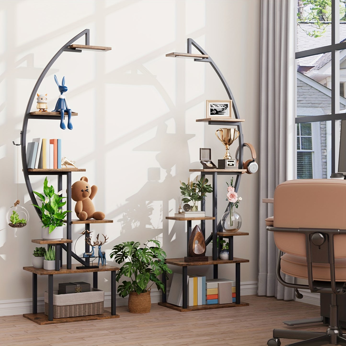 2pcs Bookshelf With Lights, 7 Tiered 65' Multi-functional Metal Black&brown Shelving Unit Wood Bookcase For Books Handicraft Decorations Frames Multiple, Corner Display Stand For Living Room Study Room Bedroom Hallway Good Choice For Gifts Home Decor