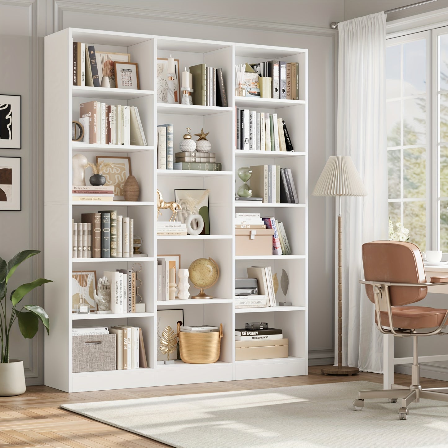 Triple Wide Bookshelf - 6-Tier 17-Shelf Solid Hardwood Bookcase, 74\