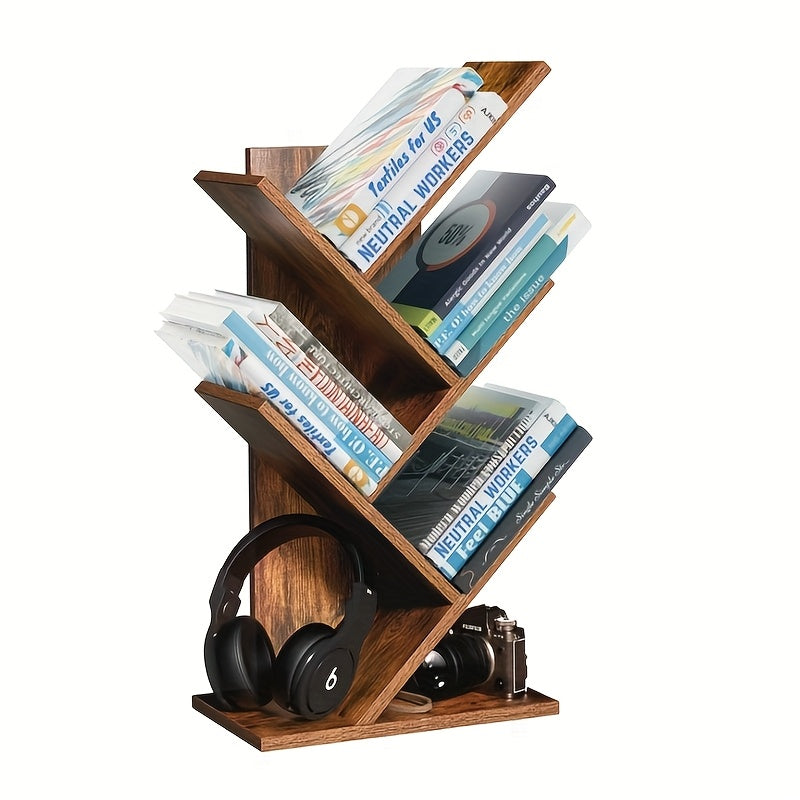 5-Tier Tree-Inspired Bookshelf - Space-Saving Wood Fiberboard Desktop Organizer with Storage, Perfect for Home Office, Living Room, or Bedroom - Holds Up to 33 lbs, Natural Brown Finish, LELELINKY