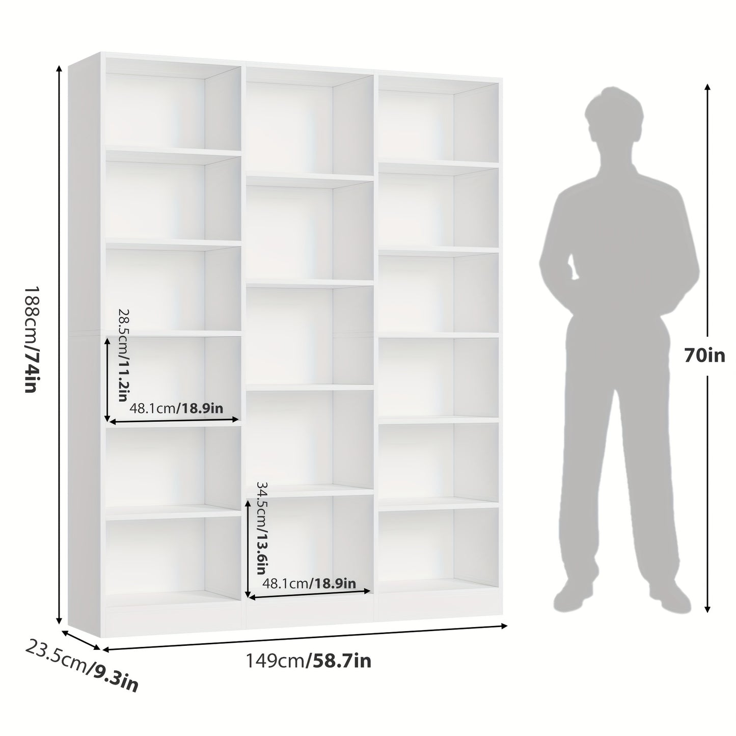 Triple Wide Bookshelf - 6-Tier 17-Shelf Solid Hardwood Bookcase, 74\