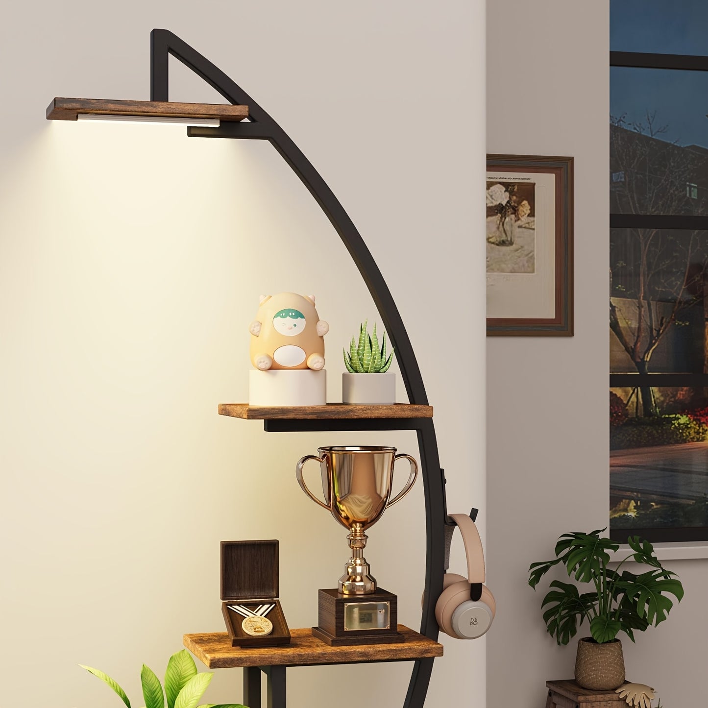 2pcs Bookshelf With Lights, 7 Tiered 65' Multi-functional Metal Black&brown Shelving Unit Wood Bookcase For Books Handicraft Decorations Frames Multiple, Corner Display Stand For Living Room Study Room Bedroom Hallway Good Choice For Gifts Home Decor