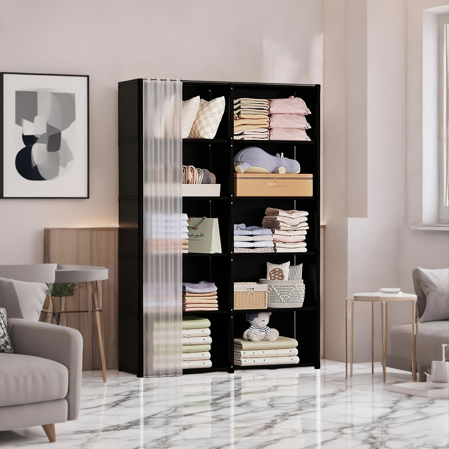 Large Capacity Bookcase Wardrobe - Heavy-Duty Plastic Modern White & Black Shelves, No Assembly Required, Freestanding Dustproof Storage Cabinet with 27\