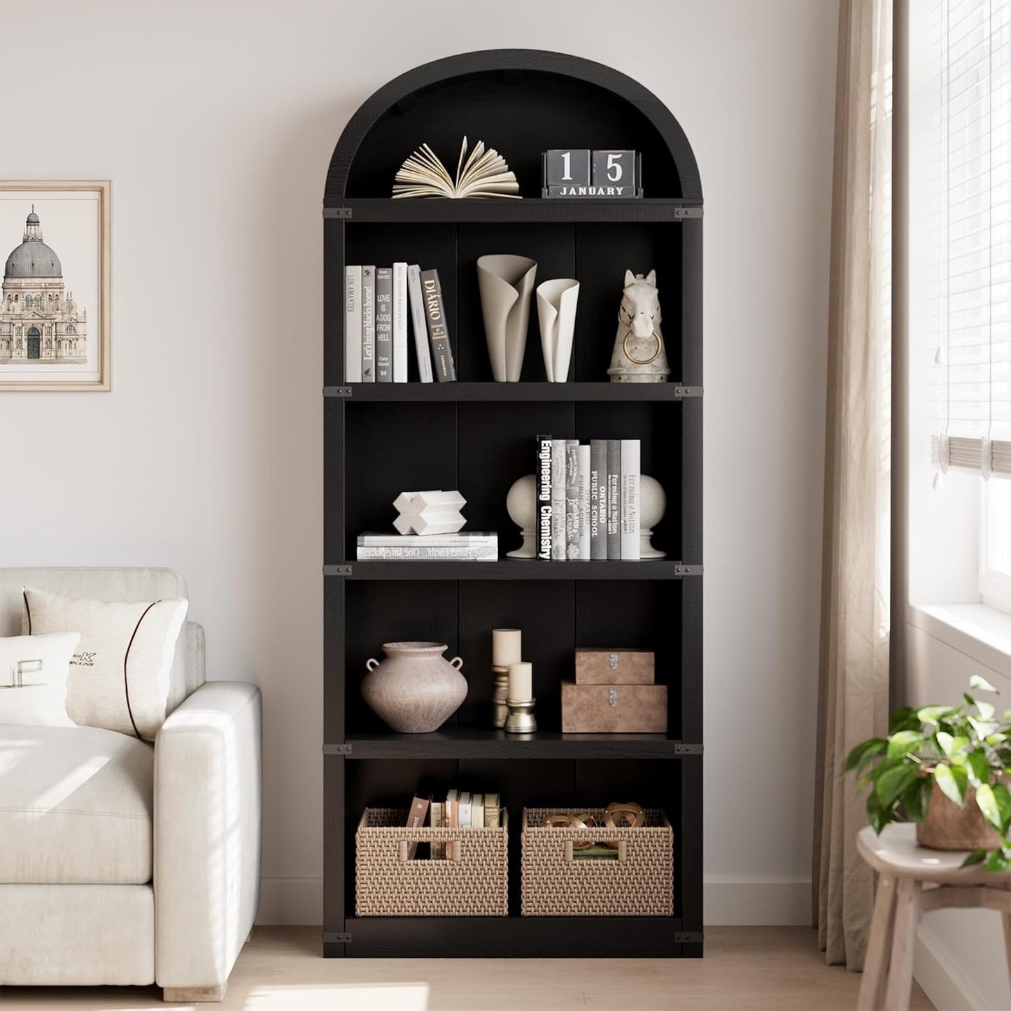 5-Tier Arched Bookshelf, 71.65 Inch High Bookshelf, Farmhouse Display Storage Rack, Wooden Bookshelf for Home, Office, Living Room