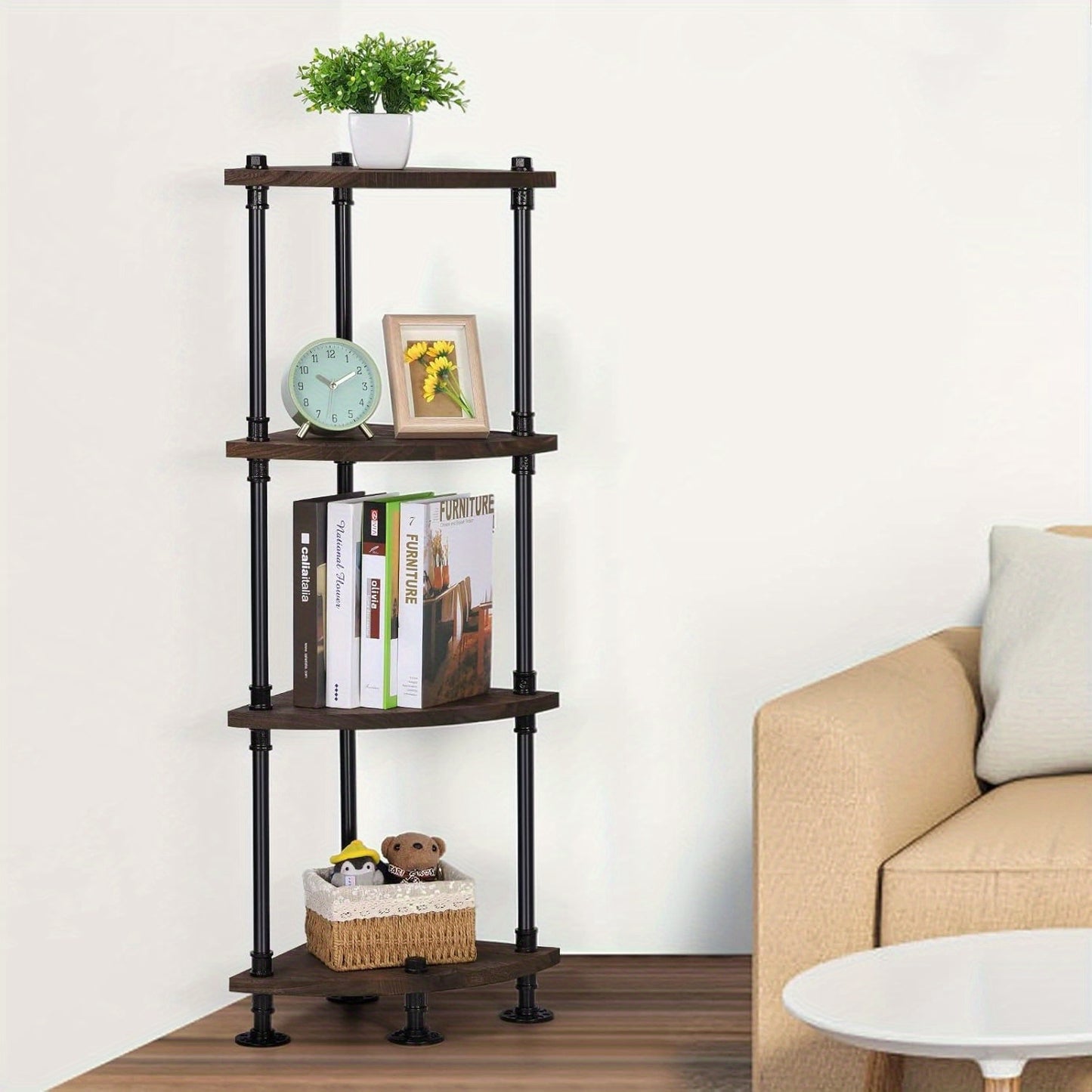 4-Tier Freestanding Corner Bookshelf & Plant Display Stand, Gray White Wood with Black Metal Frame – Multi-Purpose Storage Organizer for Bedroom, Living Room, Balcony, Office, or Hallway, Bookshelf Decorations, Mounted Closet Systems