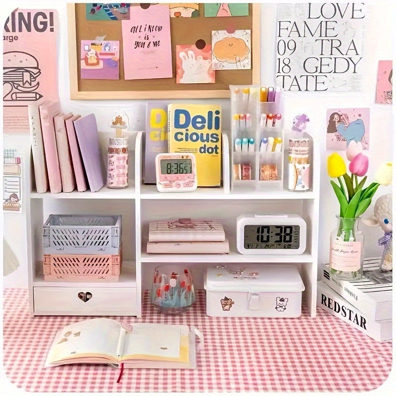 Expandable Desktop Bookshelf with Drawers - Adjustable Plastic Storage Organizer for Office Supplies, Makeup, School Essentials - Multi-Functional Desk Rack with Easy Access Drawers - Ideal for Home and Office Use
