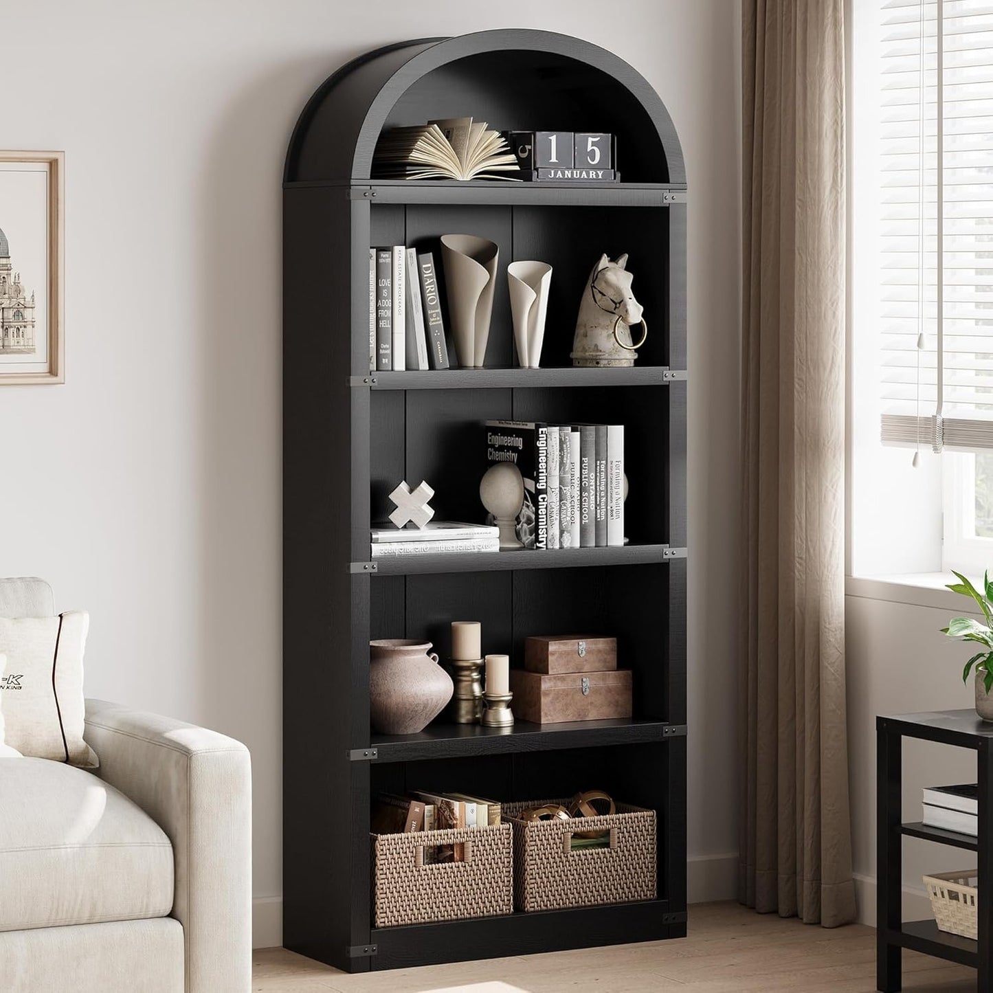 5-Tier Arched Bookshelf, 71.65 Inch High Bookshelf, Farmhouse Display Storage Rack, Wooden Bookshelf for Home, Office, Living Room