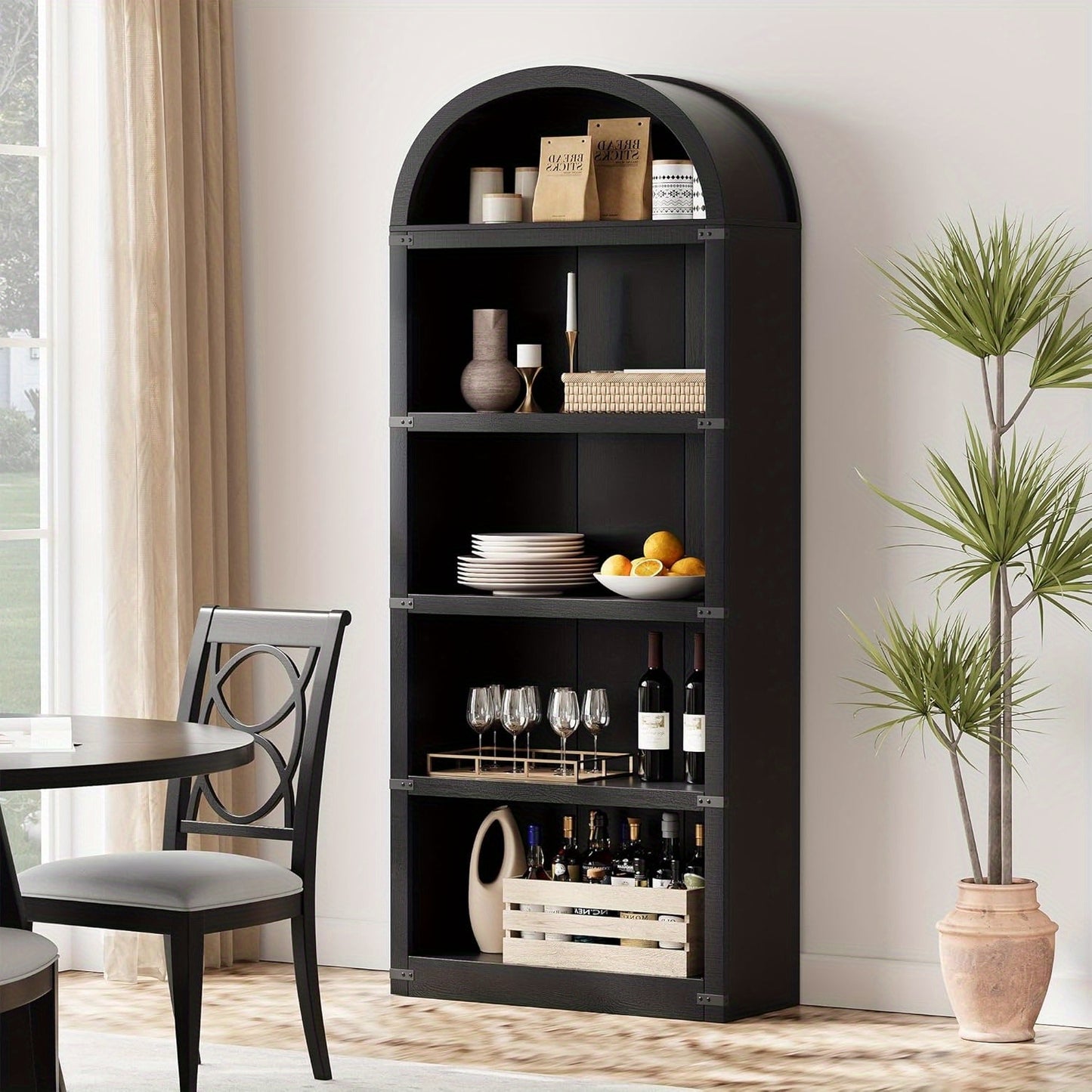 5-Tier Arched Bookshelf, 71.65 Inch High Bookshelf, Farmhouse Display Storage Rack, Wooden Bookshelf for Home, Office, Living Room