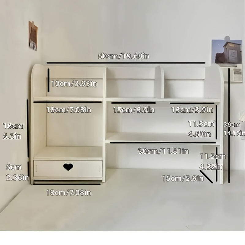 Expandable Desktop Bookshelf with Drawers - Adjustable Plastic Storage Organizer for Office Supplies, Makeup, School Essentials - Multi-Functional Desk Rack with Easy Access Drawers - Ideal for Home and Office Use
