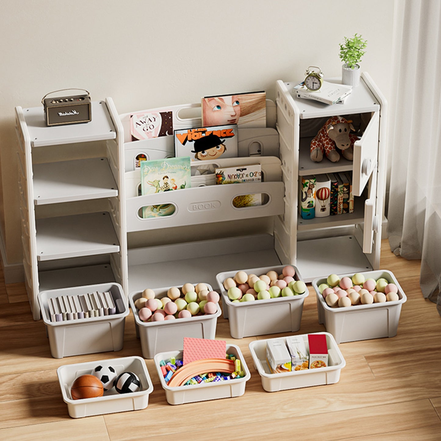 Storage Rack with 8 Detachable Boxes, 4 Layers Of Book Storage Rack And 2 Cabinets for Storage, Bookshelf And Storage Rack, Suitable for Gaming Rooms, Bedrooms, And Rooms