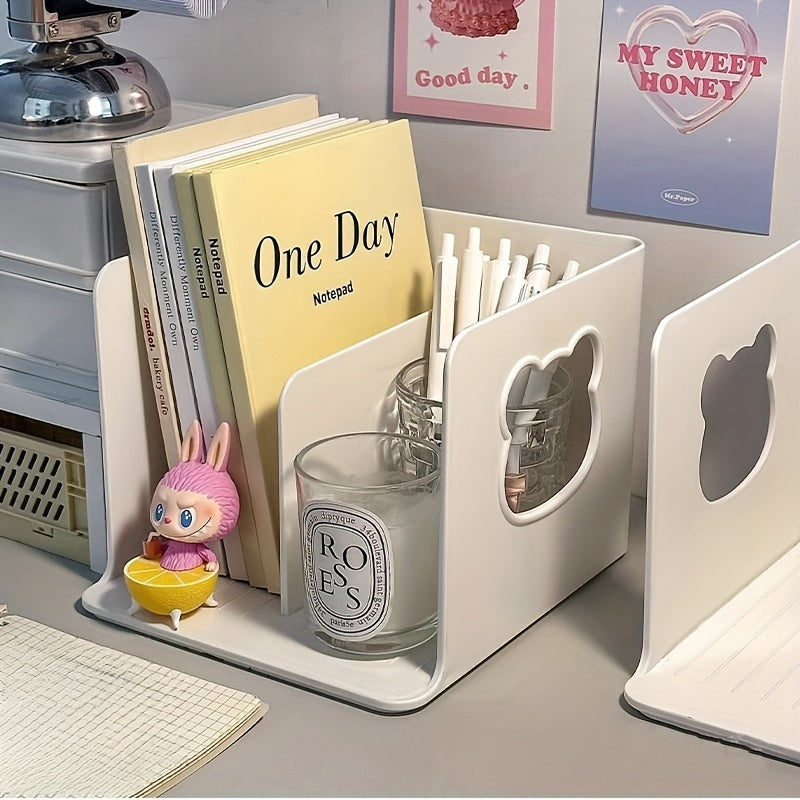 Creative Hollow-Out Design Desktop Bookshelf - Durable Plastic Archival Storage Box, Waterproof Student Organizer, Office Book Holder with Portable Stand