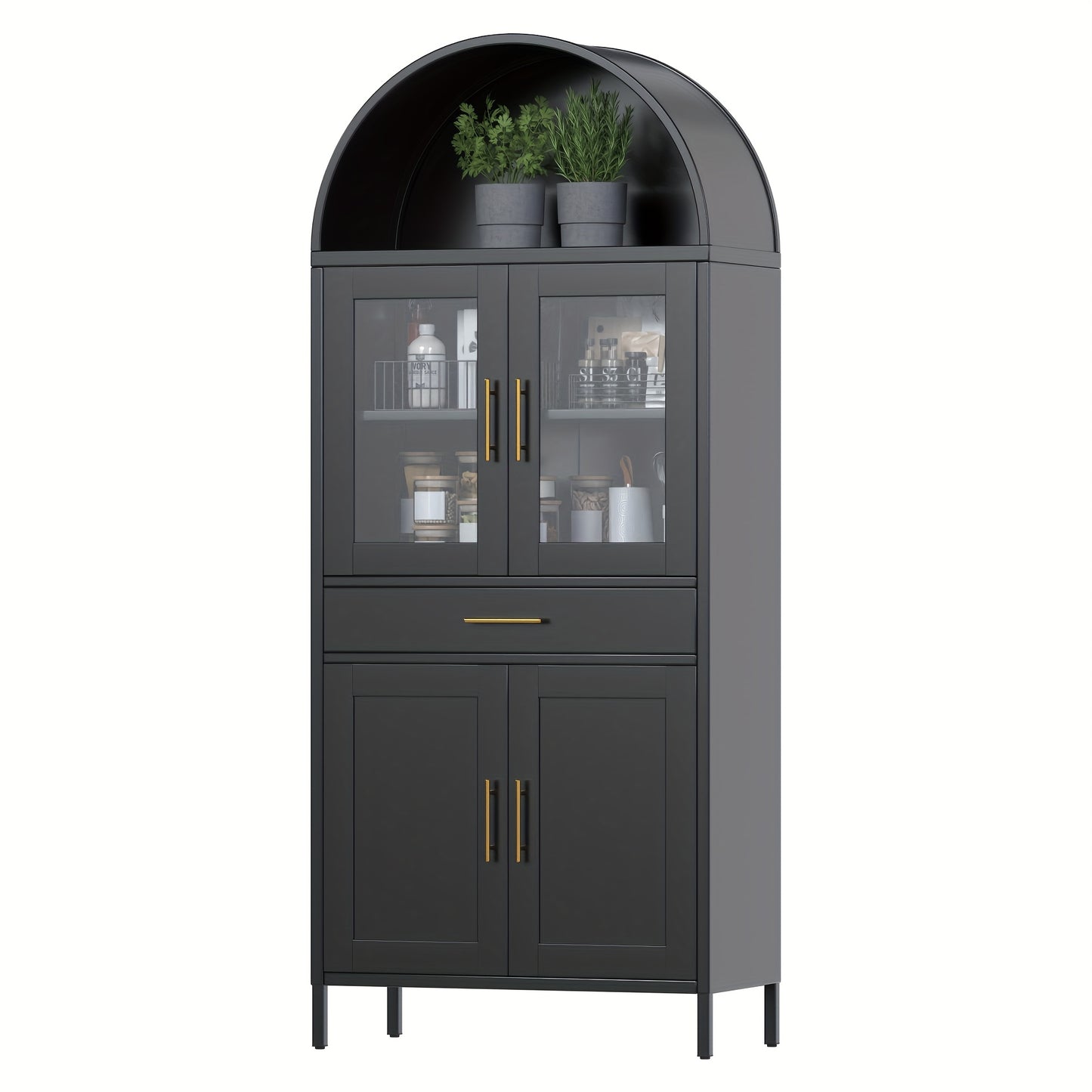 Arched Metal Storage Cabinet, Arched Display Case, Bookcase, Glass Door, Drawer, Suitable for Bathroom, Home, Office, Assembly Required (Black, White)
