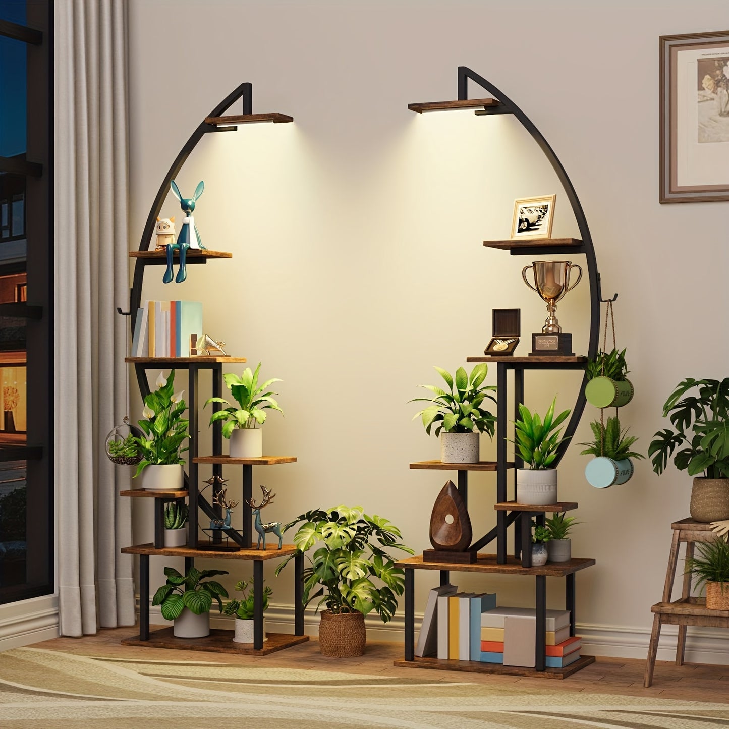 2pcs Bookshelf With Lights, 7 Tiered 65' Multi-functional Metal Black&brown Shelving Unit Wood Bookcase For Books Handicraft Decorations Frames Multiple, Corner Display Stand For Living Room Study Room Bedroom Hallway Good Choice For Gifts Home Decor