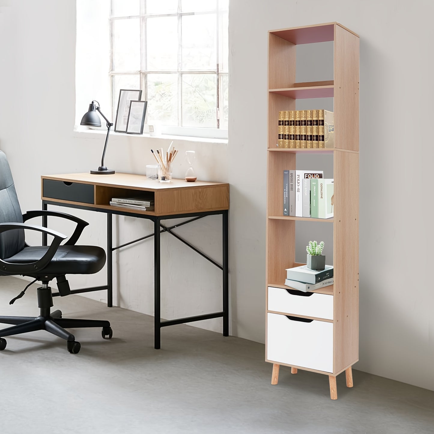 TFCFL 70.87inch Tall Oak Color Floor Standing Bookshelf with Drawers - Multi-Purpose Plastic Cabinet for Living Room, Office, Kitchen - Easy Assembly, No Metal Pipes, Versatile Storage Solution, Bookcase Furniture, Utility Racks