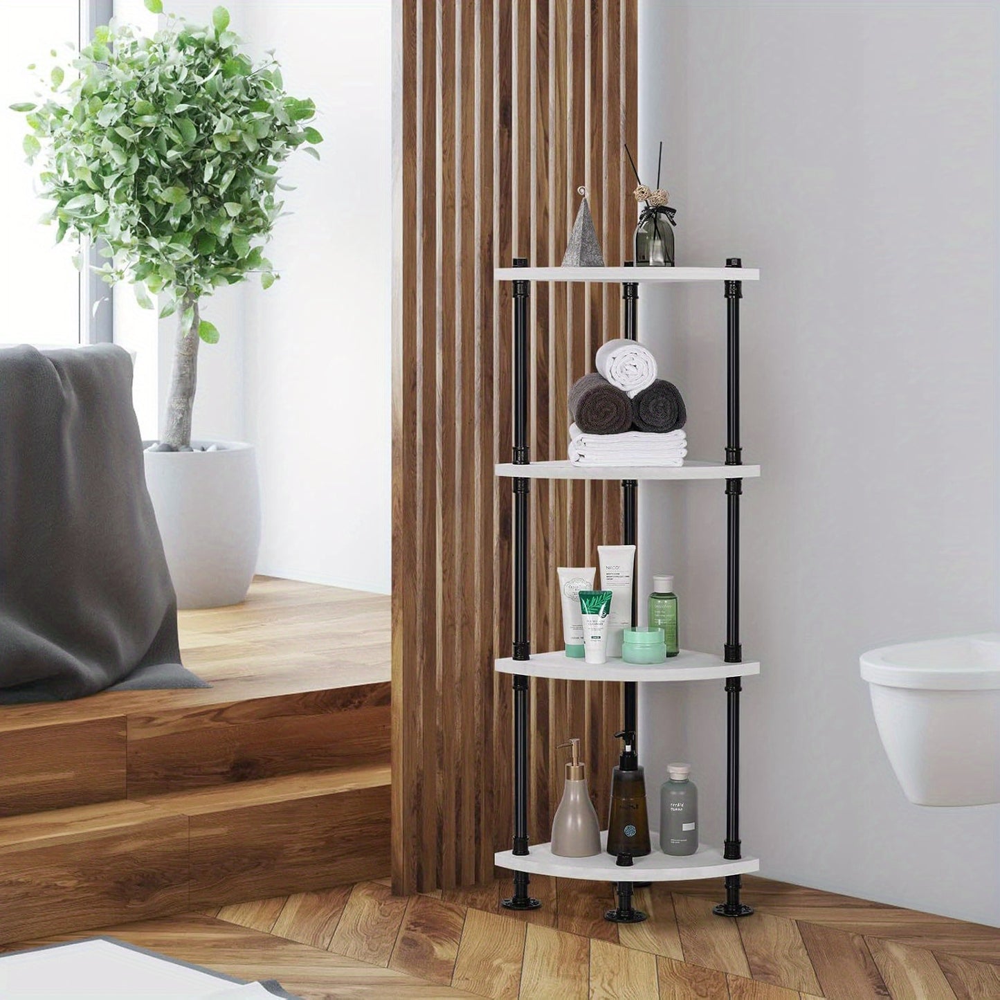 4-Tier Freestanding Corner Bookshelf & Plant Display Stand, Gray White Wood with Black Metal Frame – Multi-Purpose Storage Organizer for Bedroom, Living Room, Balcony, Office, or Hallway, Bookshelf Decorations, Mounted Closet Systems