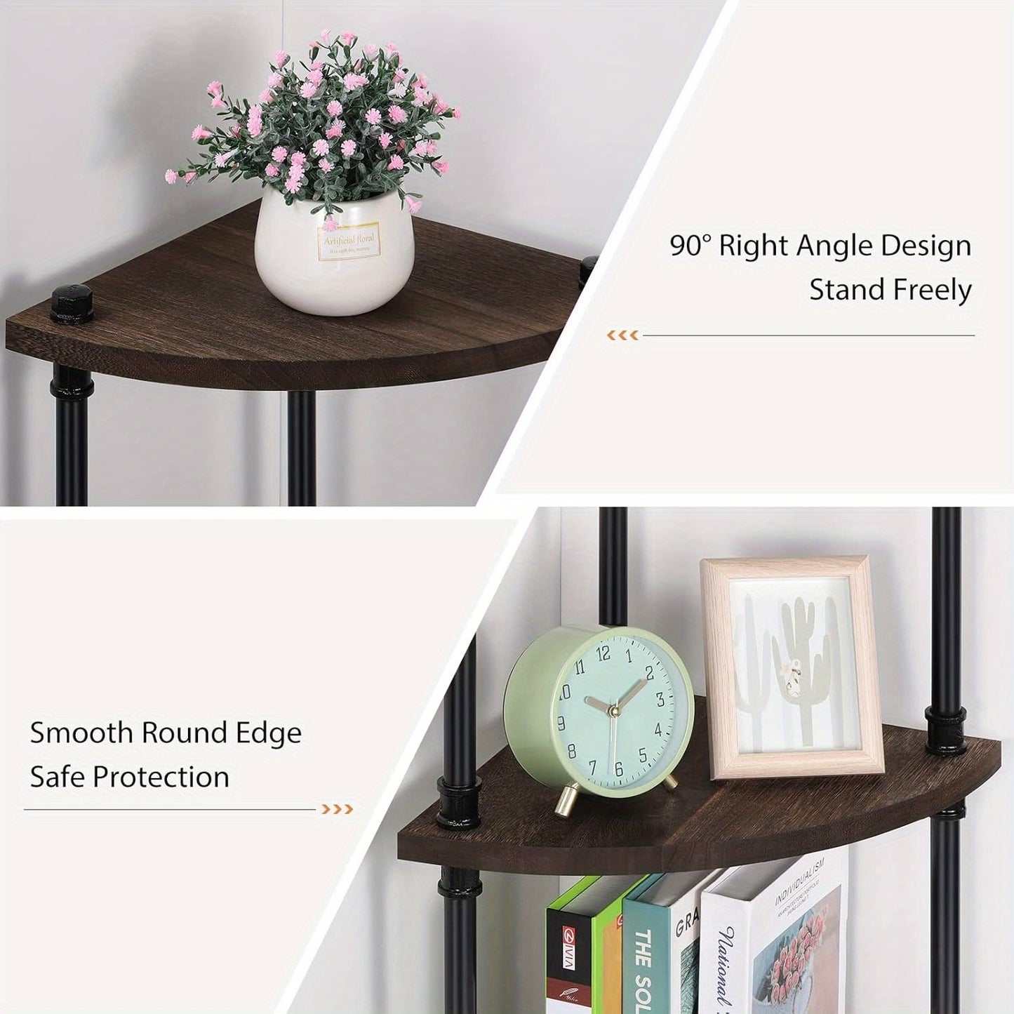 4-Tier Freestanding Corner Bookshelf & Plant Display Stand, Gray White Wood with Black Metal Frame – Multi-Purpose Storage Organizer for Bedroom, Living Room, Balcony, Office, or Hallway, Bookshelf Decorations, Mounted Closet Systems