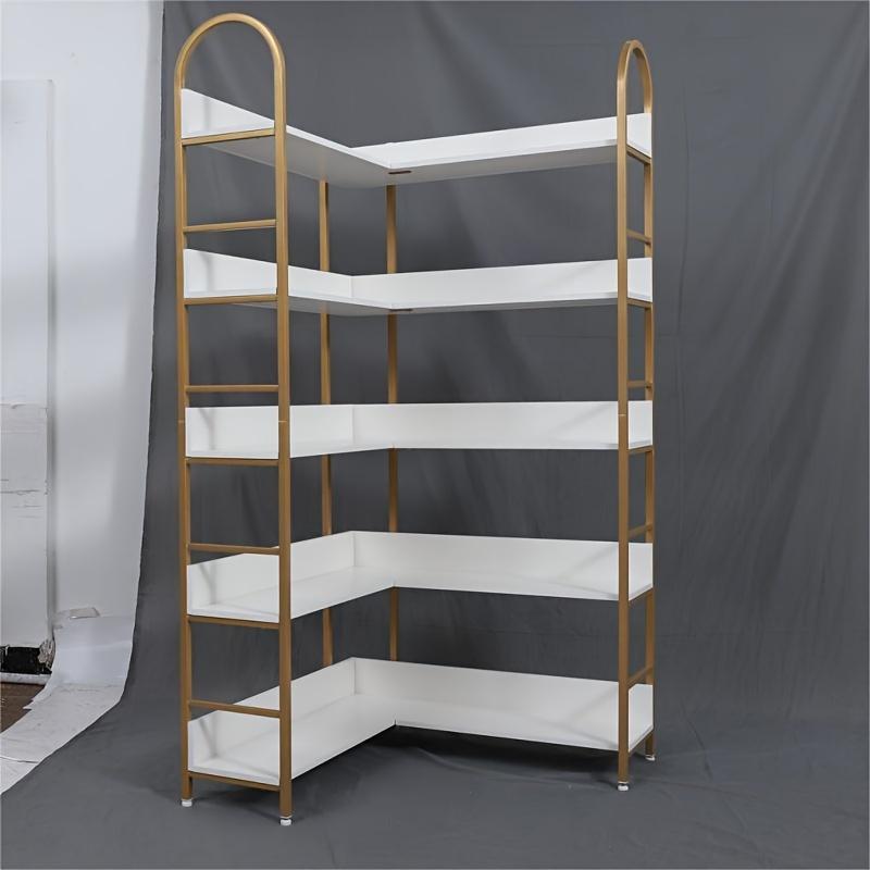 1pc Contemporary 5-Tier Lockable Metal Corner Bookshelf, Floor Mount Storage Rack with Back, No Electricity Needed, White and Golden, Storage Cabinets