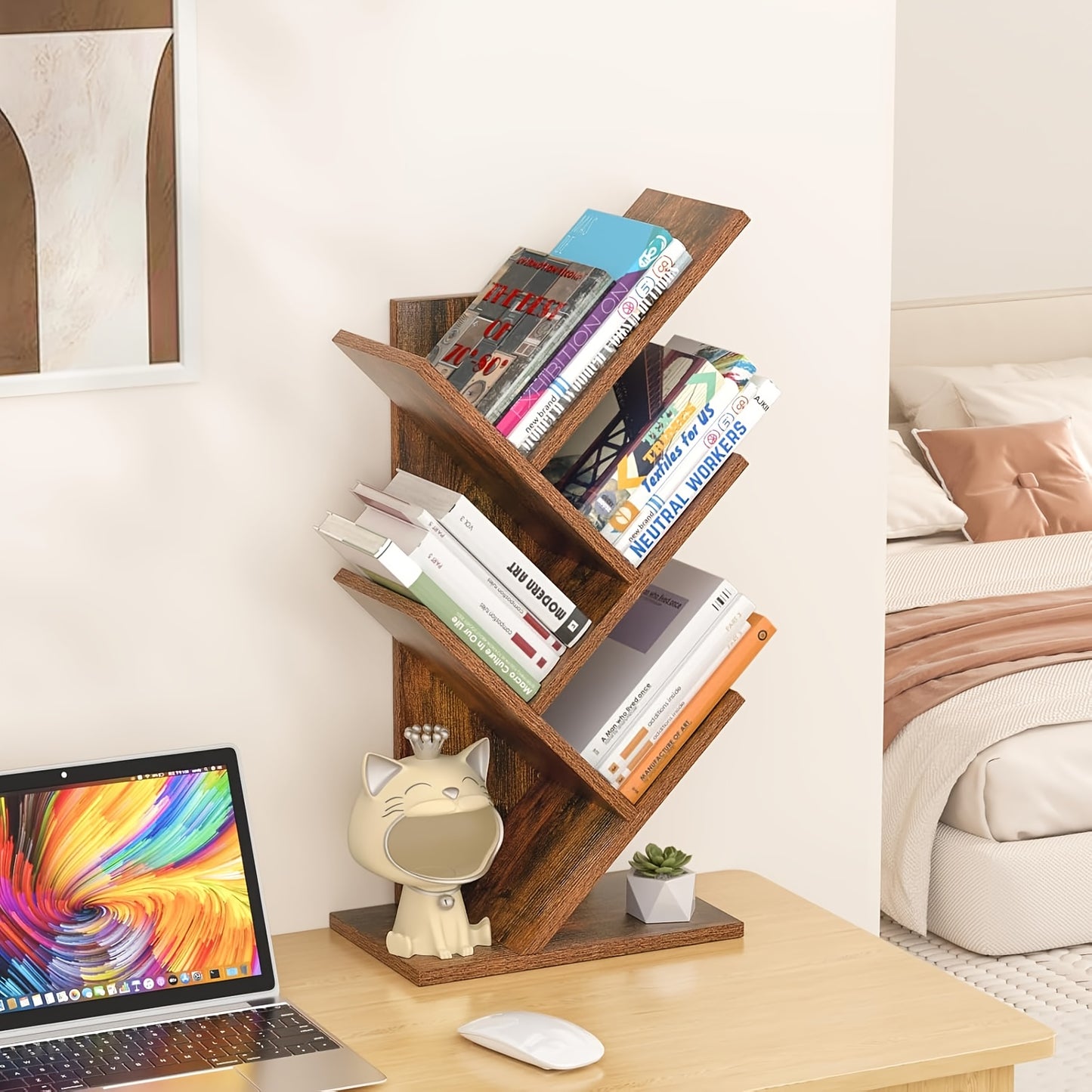 5-Tier Tree-Inspired Bookshelf - Space-Saving Wood Fiberboard Desktop Organizer with Storage, Perfect for Home Office, Living Room, or Bedroom - Holds Up to 33 lbs, Natural Brown Finish, LELELINKY