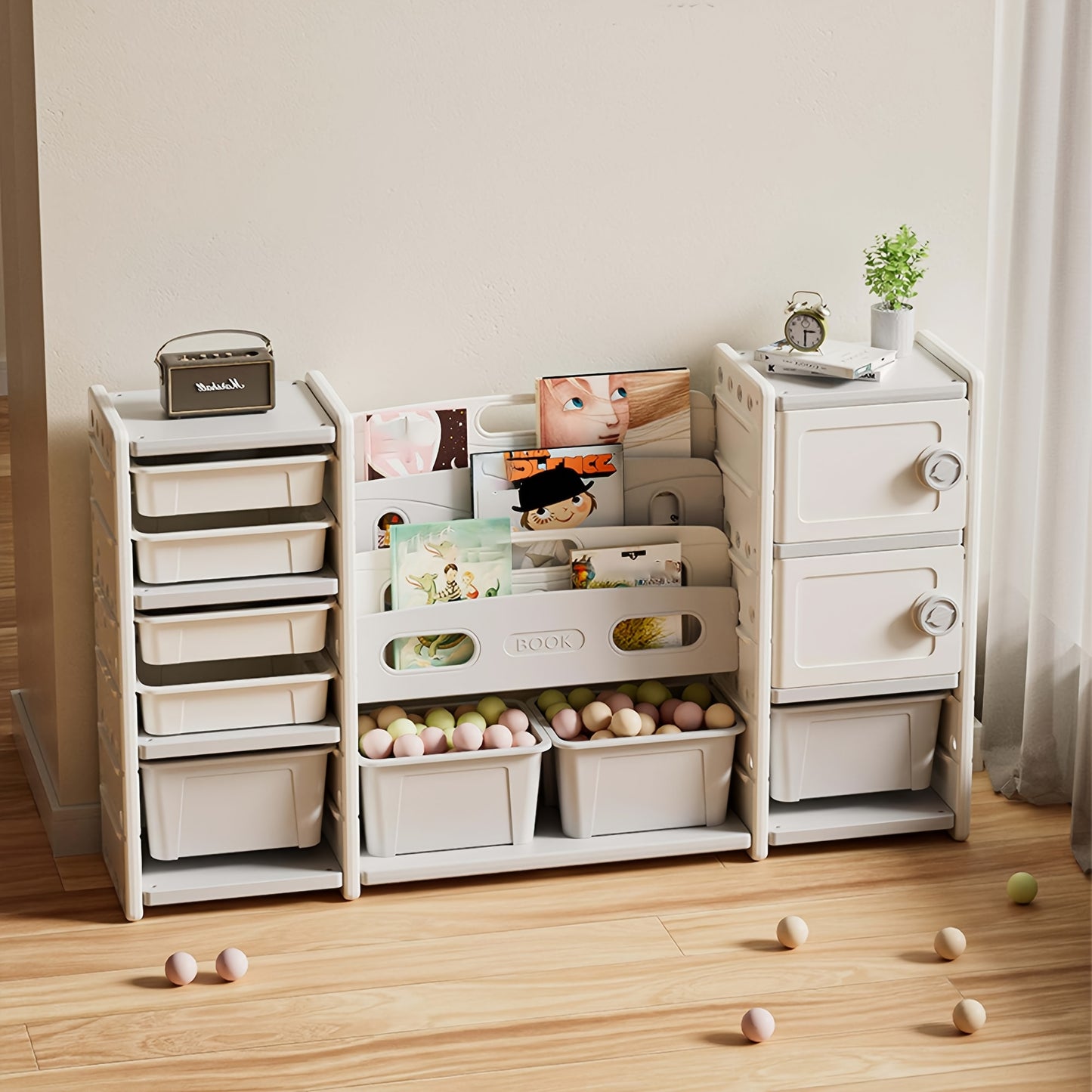 Levader Beige Multilayer Plastic Storage Cabinet With Bookshelf, 8 Storage Boxes + 2 Cabinets, Multipurpose Storage Rack, Easy To Assemble Large Storage Shelves, Suitable For Living Room, Bedroom, Dining Room, Game Room