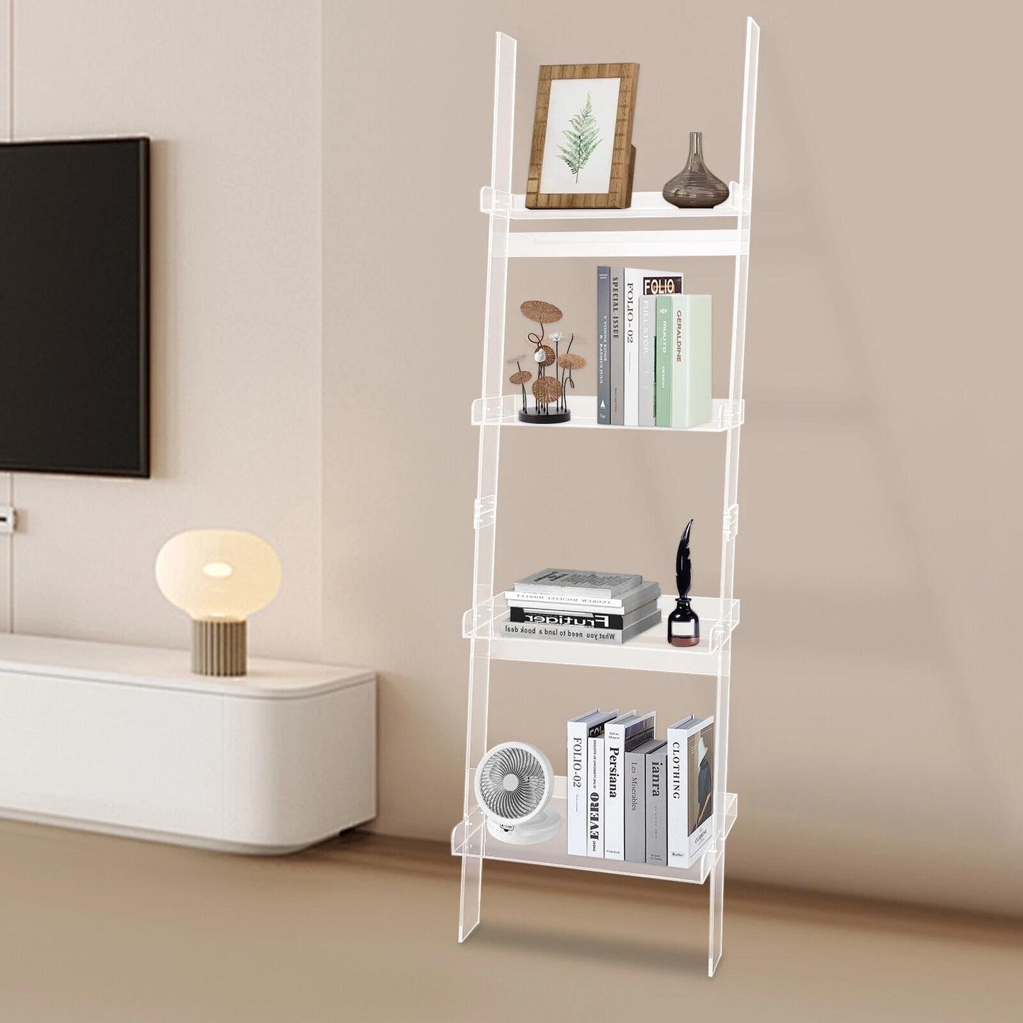 4-Tier Acrylic Ladder Bookshelf - Modern Free-Standing Display Shelf with Storage Rack, Space-Saving Organizer for Books, Plants & Decor, Easy Assembly, 27\