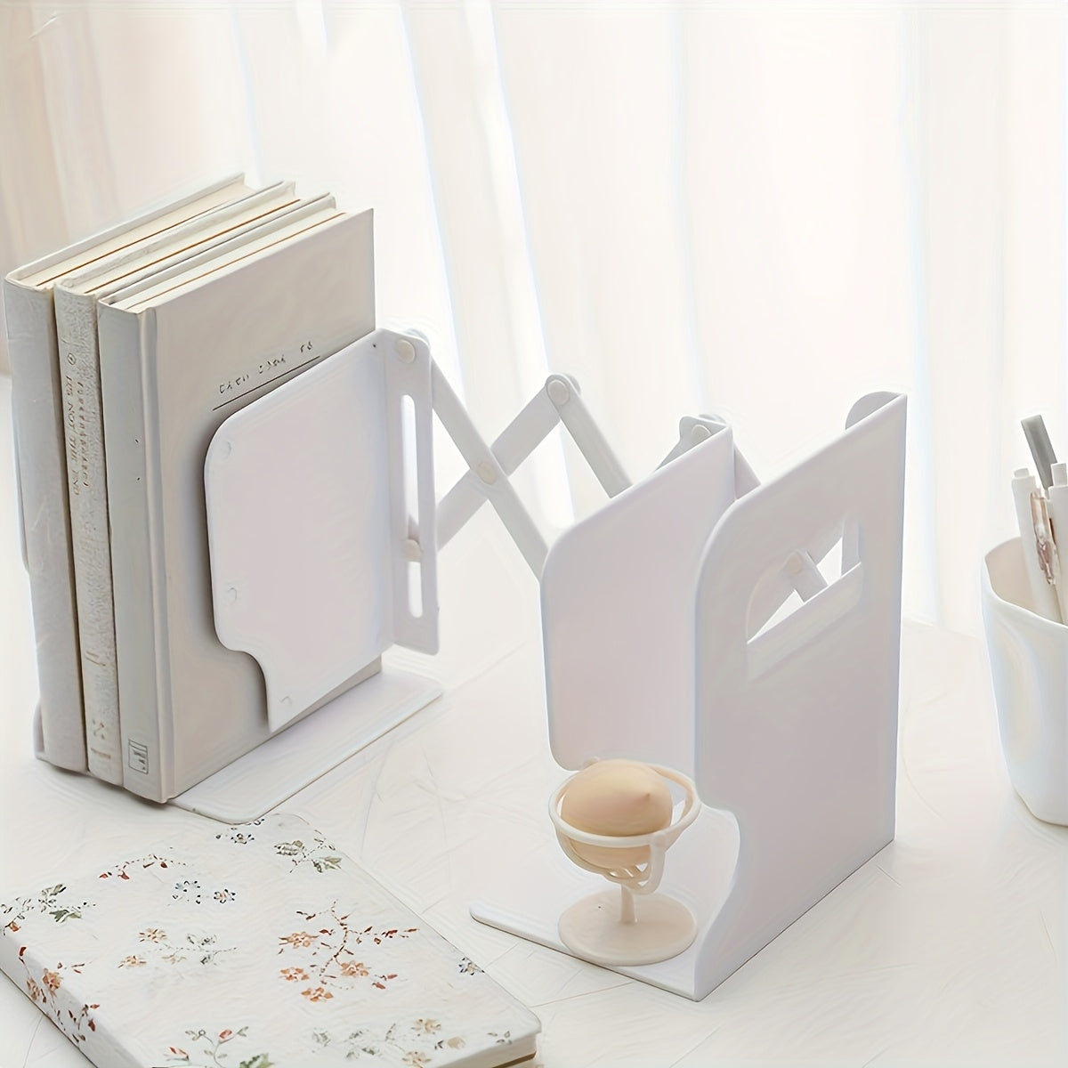 1pc, adjustable white ABS bookshelf for multiple books, modern decor for students and readers, perfect for office use, complete with clips and stands - expandable design