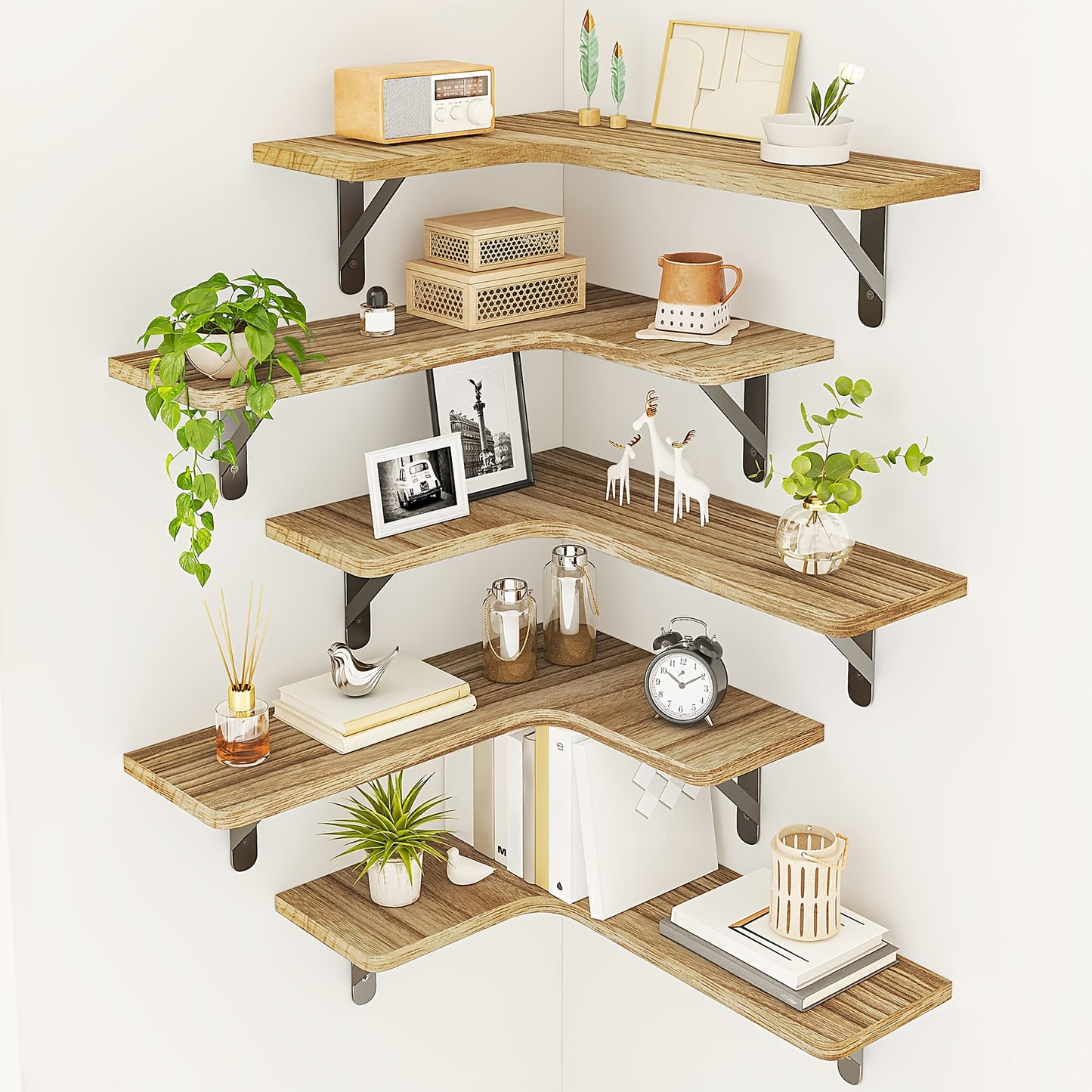 TOMNK 5pcs 16.1In Floating Shelves, Bookcases, Cabinets & Shelves, Rustic Wood Wall Mounted Corner Shelf For Bedroom, Bathroom, Kitchen, Home Decor, Laundry Room, Living Room, Light Brown, For Halloween And Christmas