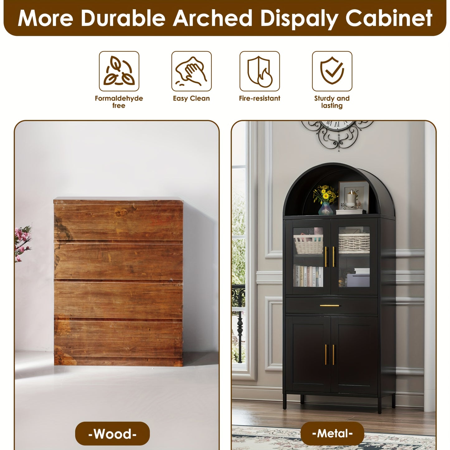 Arched Metal Storage Cabinet, Arched Display Case, Bookcase, Glass Door, Drawer, Suitable for Bathroom, Home, Office, Assembly Required (Black, White)