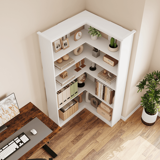 Cabihome 72. 8 Inch L-Shaped Corner Bookcase, 5-Layer Large Modern Bookshelf, Vertical Bookcase, Floor-standing Display Cabinet Storage Rack for Home Office, Living Room, Hallway, Study, Bedroom (White\u002F Vintage Color)