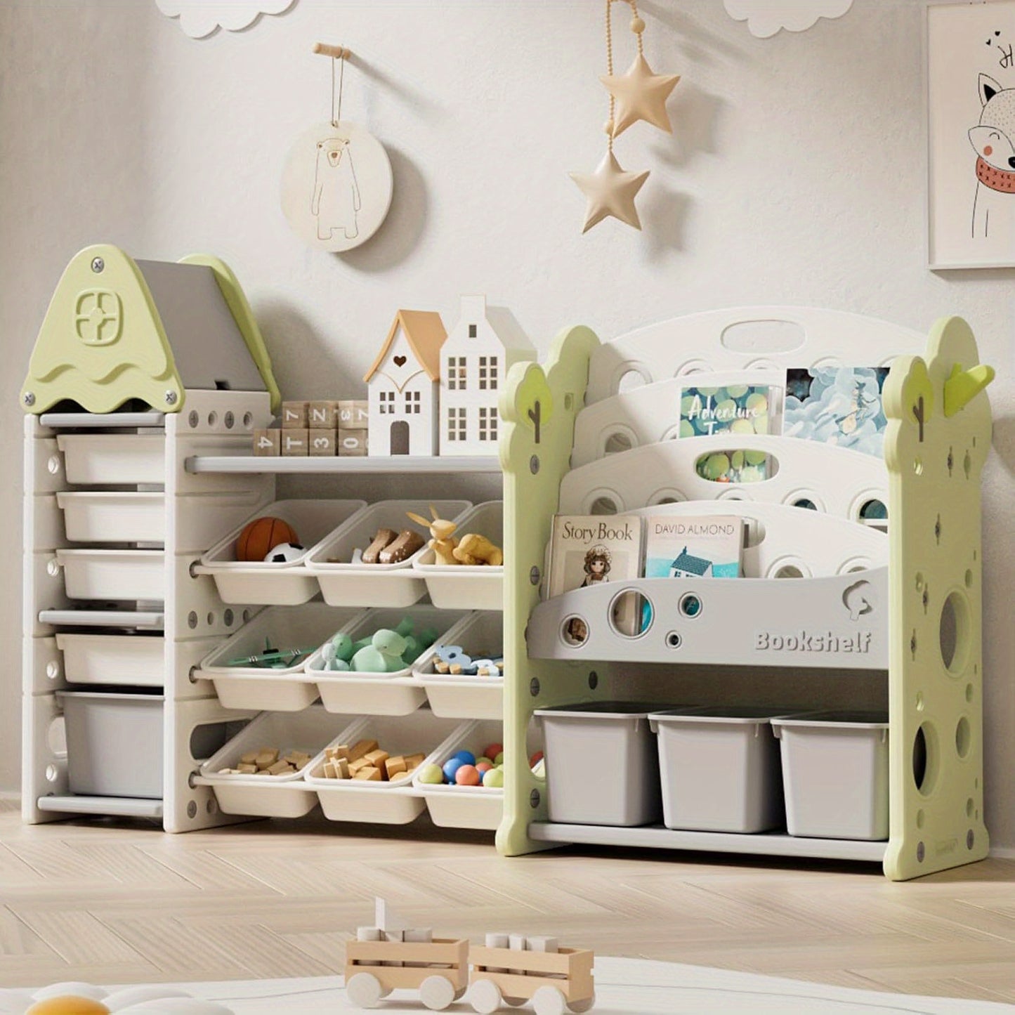 Storage Organizer with 17 Removable Bins, 4-Tier Bookshelf, Multi-Purpose Castle-Shaped Organizer for Playroom, Bedroom, Nursery, Living Room Storage Organizer (Green)