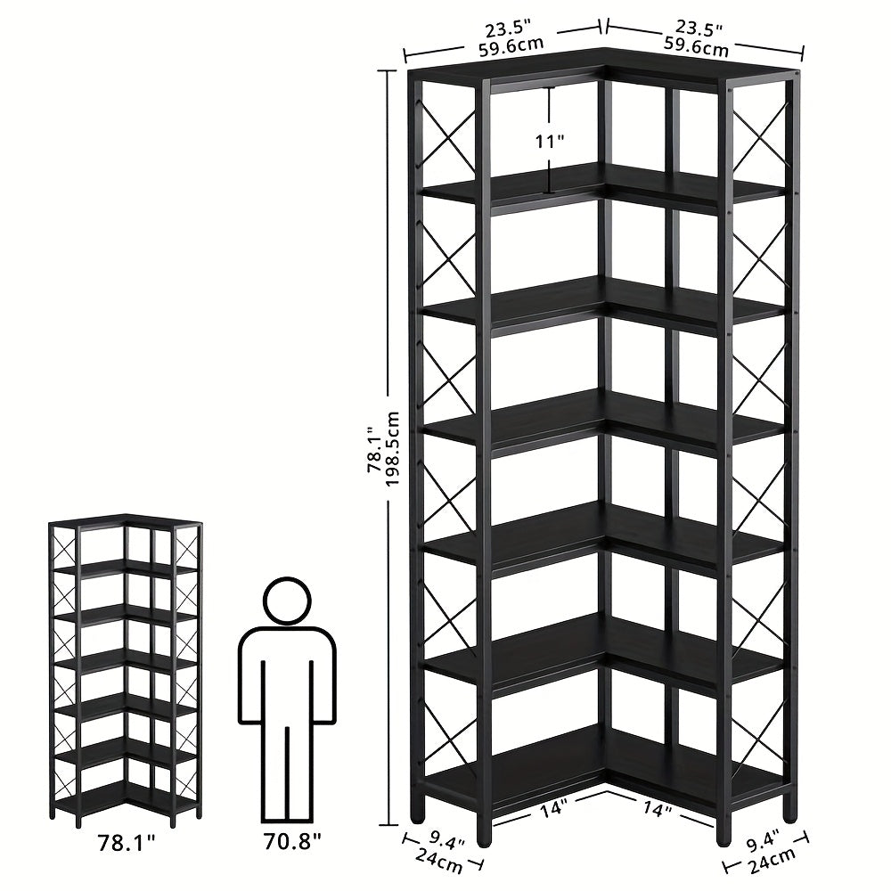 Industrial 7-Tier Corner Bookshelf, Multipurpose Metal and Wood Overhead Mounted Storage Display Rack, with Tiered Shelves for Living Room, Home Office, Utility Racks