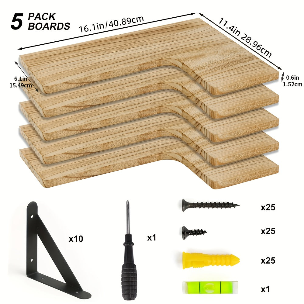TOMNK 5pcs 16.1In Floating Shelves, Bookcases, Cabinets & Shelves, Rustic Wood Wall Mounted Corner Shelf For Bedroom, Bathroom, Kitchen, Home Decor, Laundry Room, Living Room, Light Brown, For Halloween And Christmas