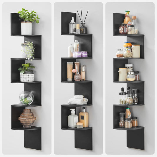 Corner Shelf Wall Mount, 5-Tier Floating Corner Bookshelf, Plant Shelf for Bedroom, Living Room, Bathroom, Home Office, Ink Black, Corner Shelf Stand, Corner Shelf for Living Room