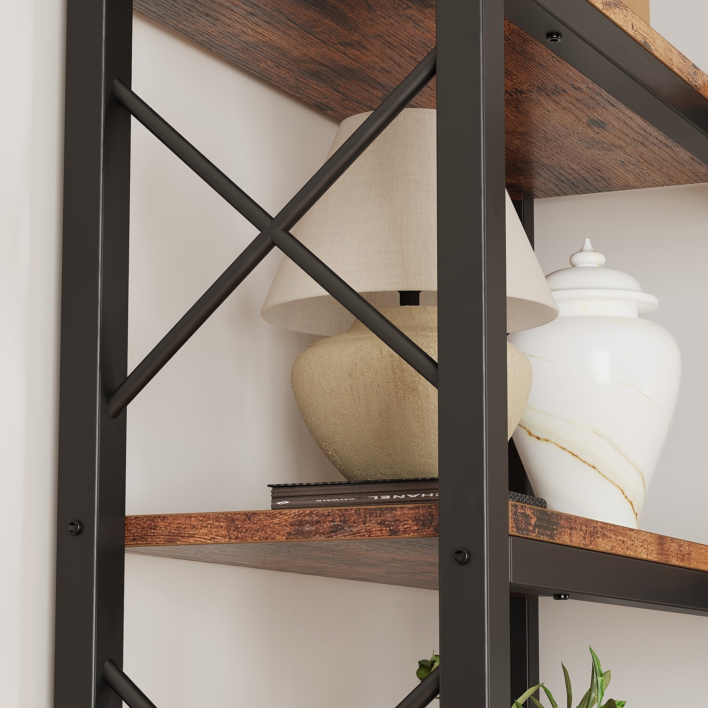 Industrial 7-Tier Corner Bookshelf, Multipurpose Metal and Wood Overhead Mounted Storage Display Rack, with Tiered Shelves for Living Room, Home Office, Utility Racks