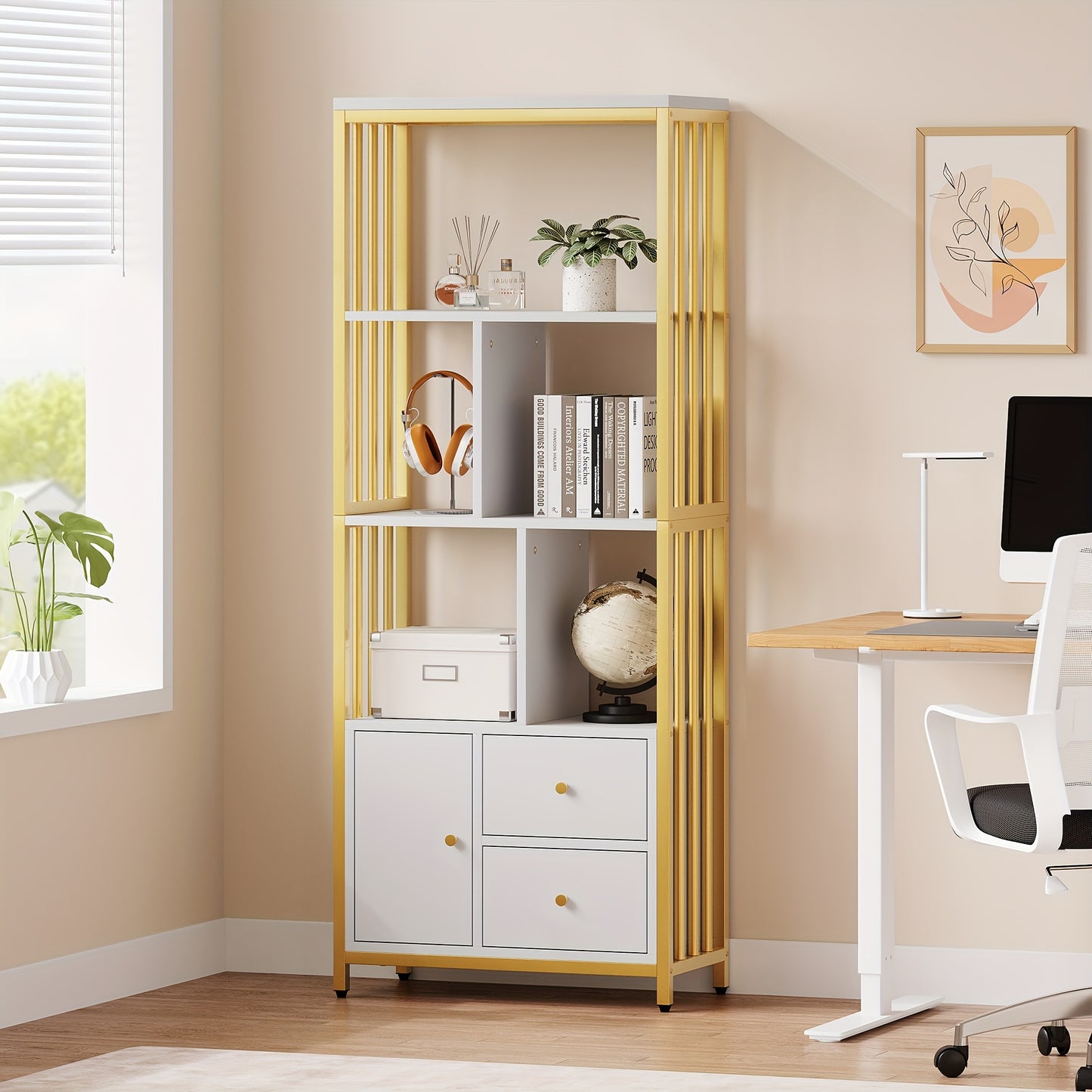 Bookshelf And Bookcase with Storage Cabinet And 2 Drawers, White And Golden Bookshelf, Standing 5 Tiers Book Shelves Display Rack with Doors for Bedroom Living Room Office, Golden