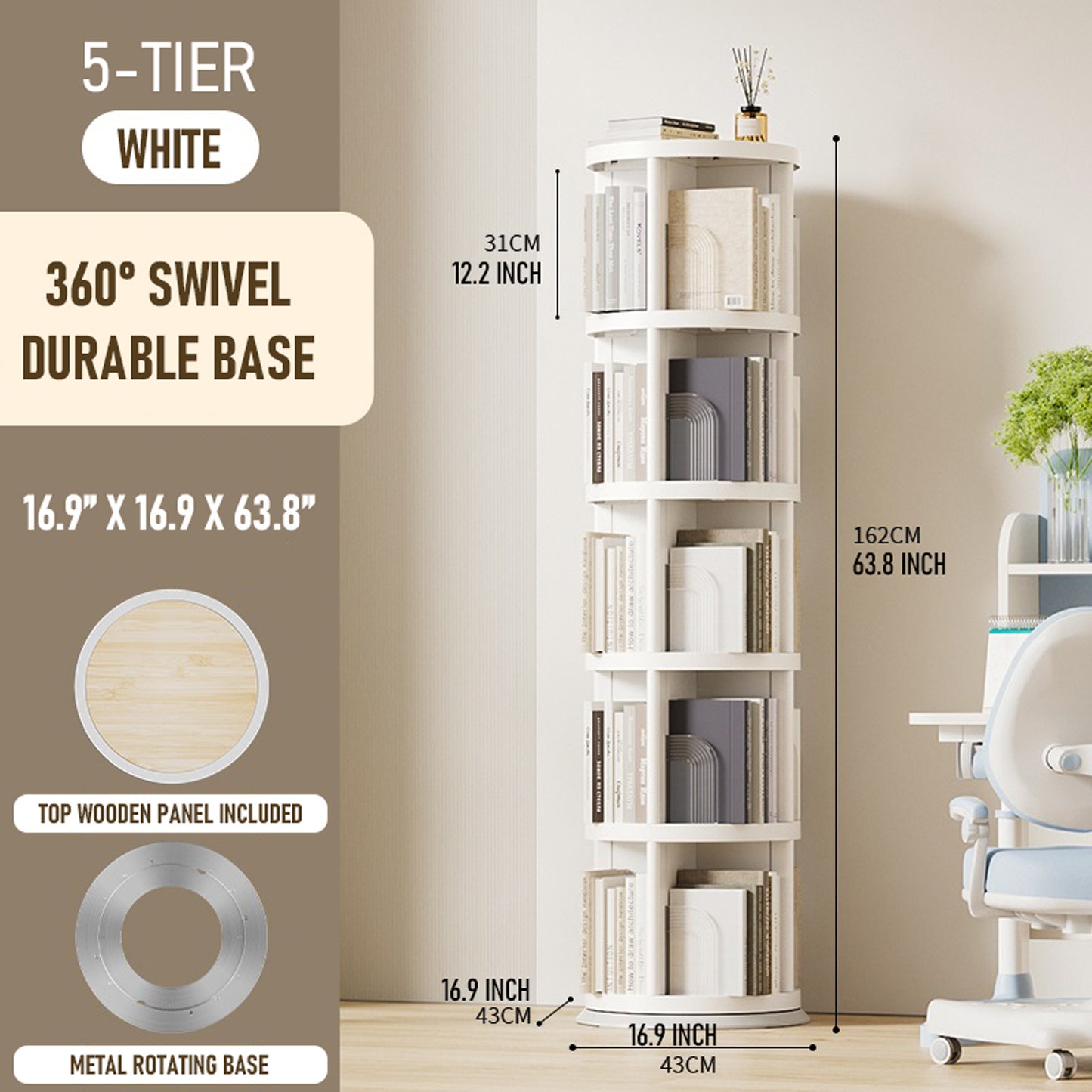 360° Rotating Bookshelf, 2\u002F3\u002F4\u002F5-Tier Space-Saving Book Organizer, 360° Swivel Storage Shelf for Living Room, Bedroom, Office, Durable and Modern Design, Easy to Assemble