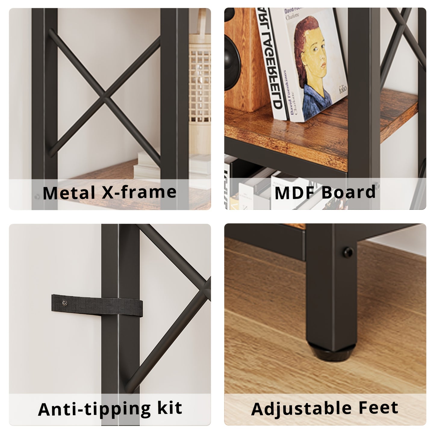 Industrial 7-Tier Corner Bookshelf, Multipurpose Metal and Wood Overhead Mounted Storage Display Rack, with Tiered Shelves for Living Room, Home Office, Utility Racks